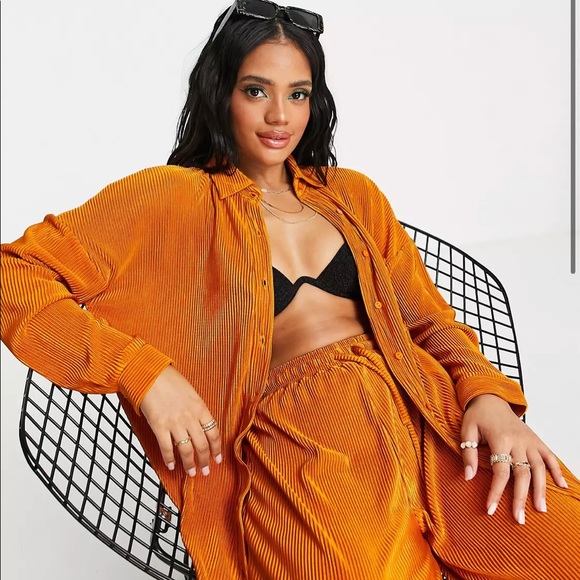 ASOS South Beach plisse oversized beach shirt co ord in high shine copper - Picture 1 of 6